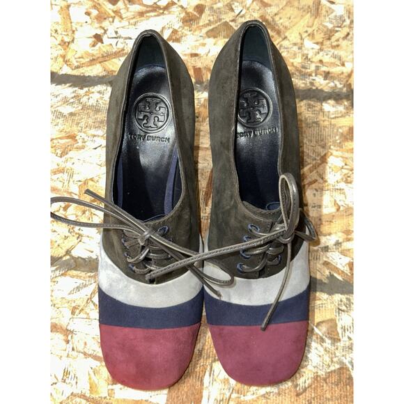 Tory Burch Stella Color-block Oxford Suede Block Heel Black Burgundy & Gray 10 - Picture 4 of 13